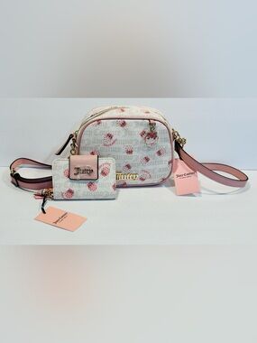 Juicy Couture White / Pink Strawberry Crossbody Camera Bag with Matching Wallet